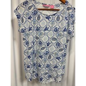 Isaac Mizrahi 100% Linen Shirt Womens Large Short Sleeve Fish pattern